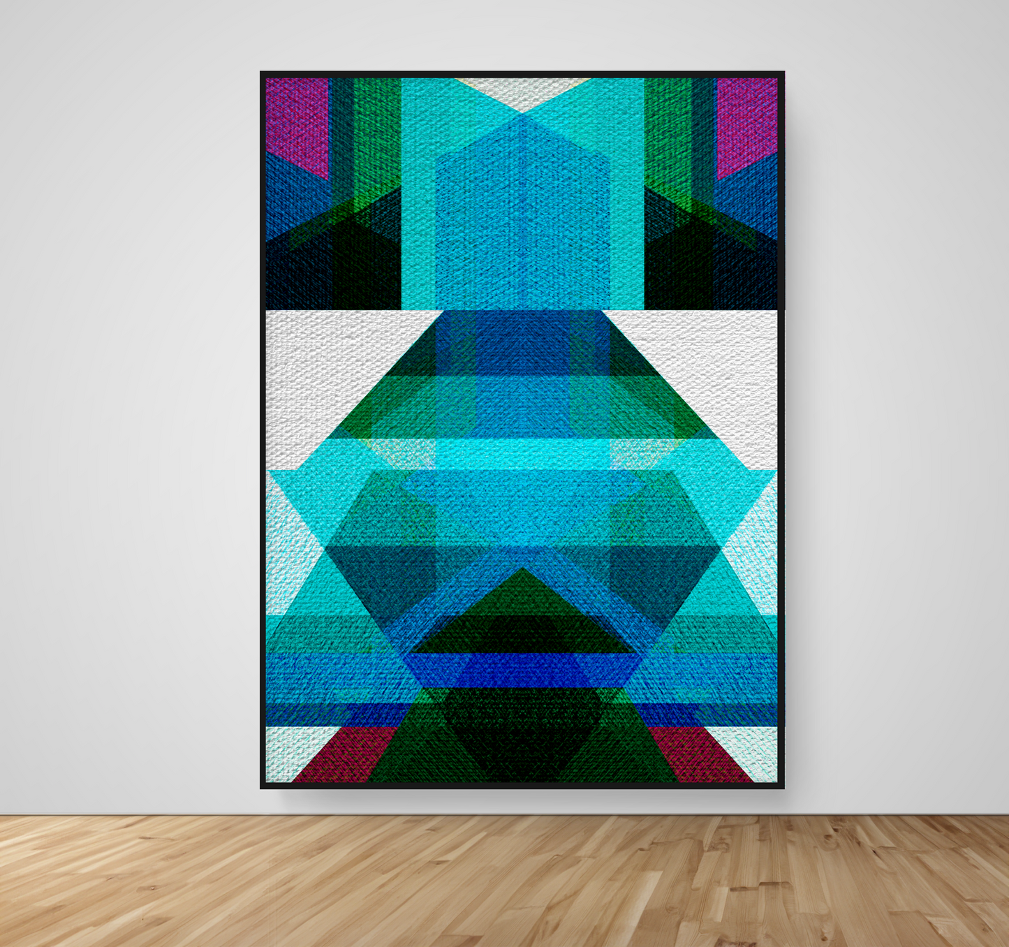 Abstract Art, Wall Art, Ready-To-Hang, Teal Kimono, Geometric Symmetry, Frame Size-53x72, Frame Color-Black,Frame Style-Thin Floating Frame, VividWalls, Artwork