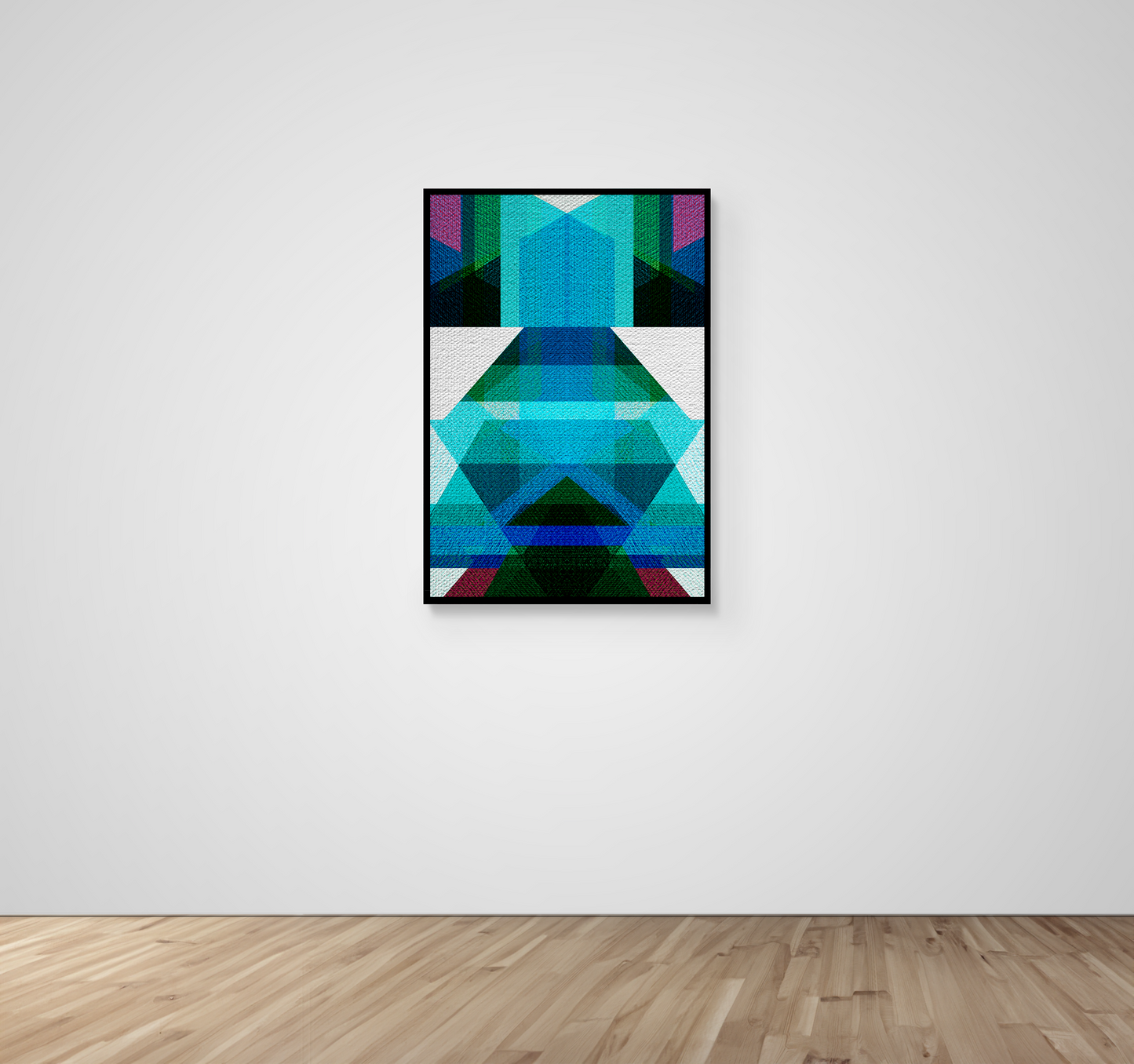 Abstract Art, Wall Art, Ready-To-Hang, Teal Kimono, Geometric Symmetry, Frame Size-24x36, Frame Color-Black,Frame Style-Thin Floating Frame, VividWalls, Artwork