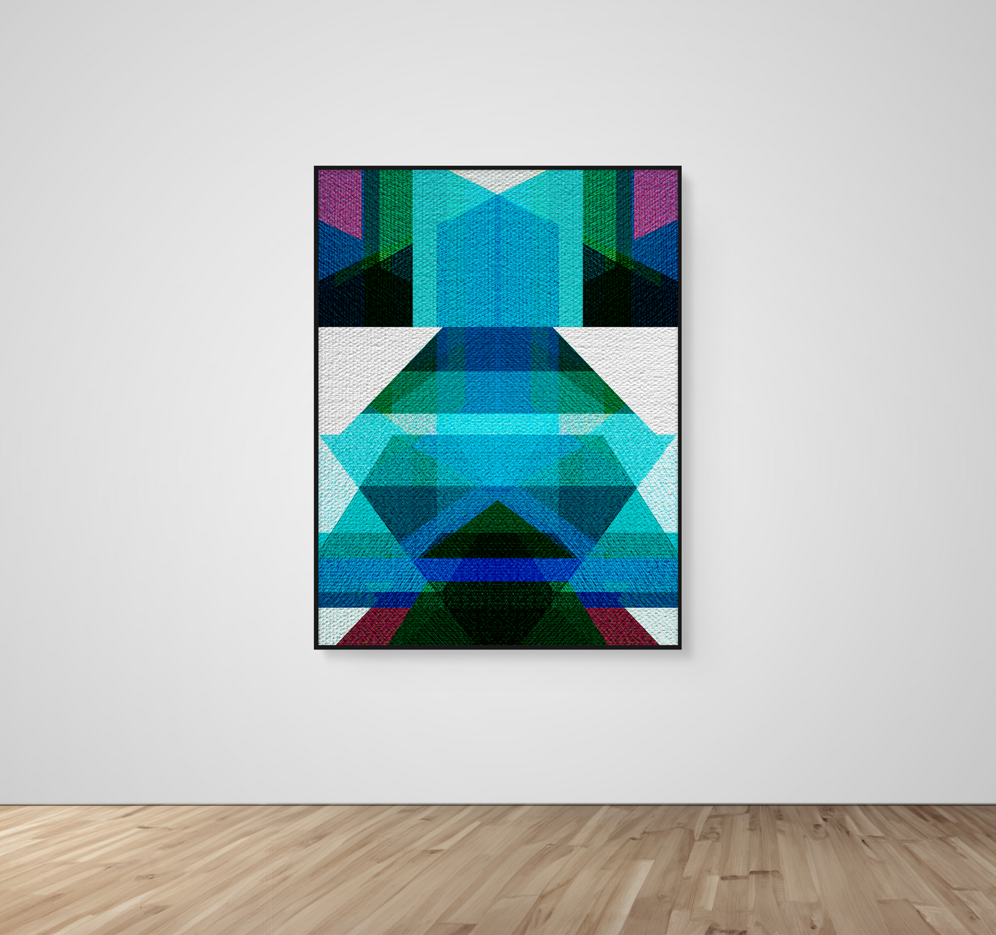 Abstract Art, Wall Art, Ready-To-Hang, Teal Kimono, Geometric Symmetry, Frame Size-36x48, Frame Color-Black,Frame Style-Thin Floating Frame, VividWalls, Artwork