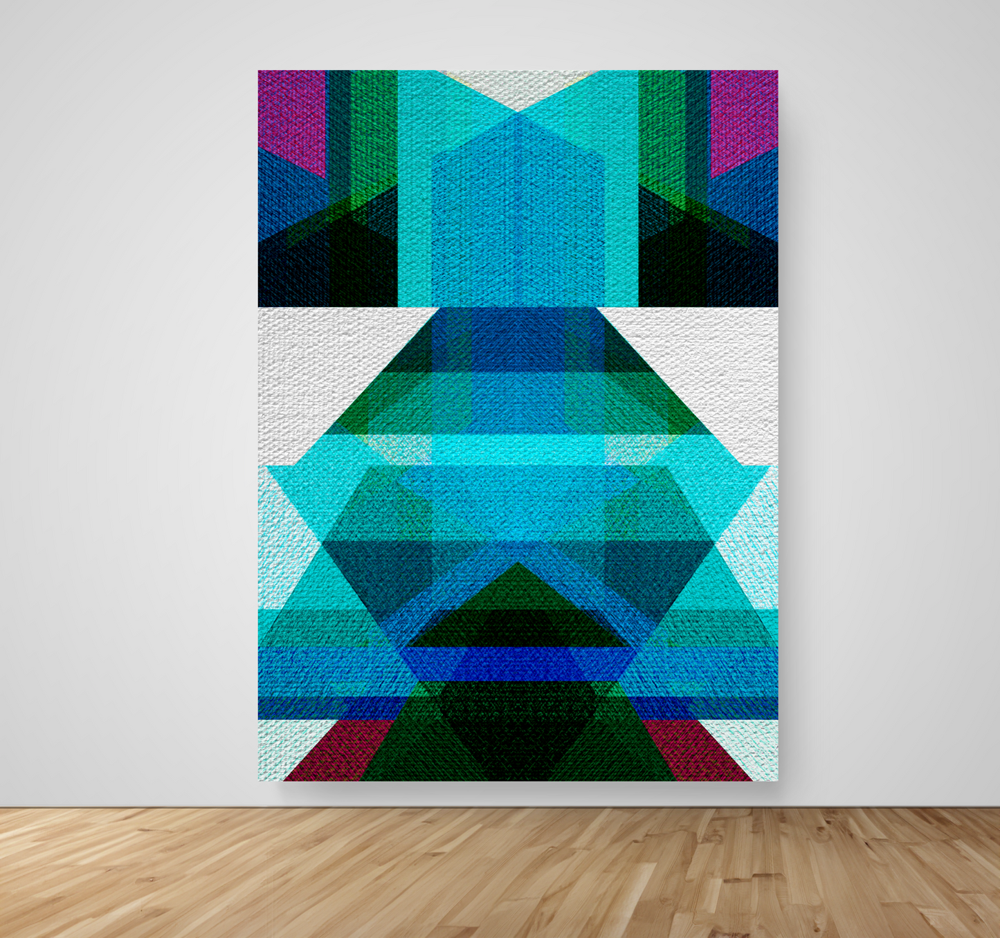 Abstract Art, Wall Art, Ready-To-Hang, Teal Kimono, Geometric Symmetry, Frame Size-53x72, Frame Color-NA,Frame Style-Thin Floating Frame, VividWalls, Artwork