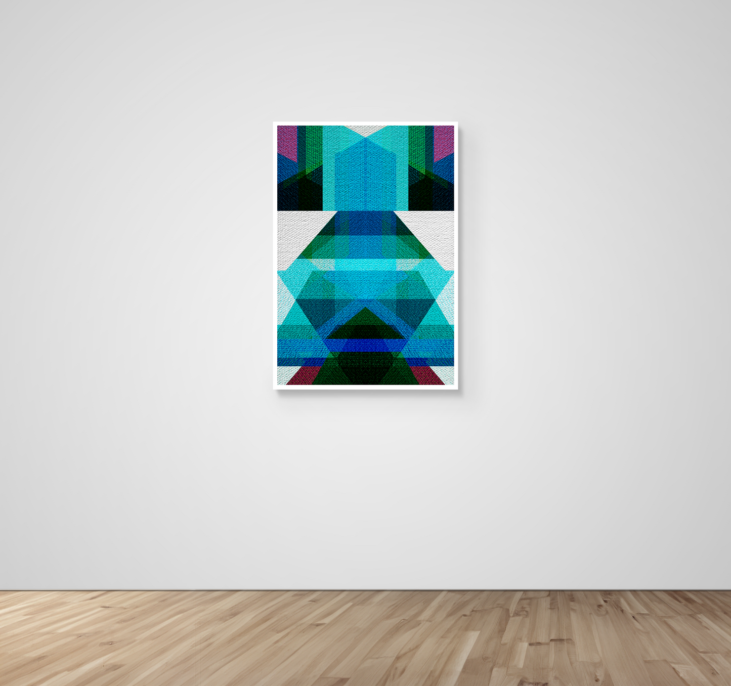 Abstract Art, Wall Art, Ready-To-Hang, Teal Kimono, Geometric Symmetry, Frame Size-24x36, Frame Color-White,Frame Style-Thin Floating Frame, VividWalls, Artwork