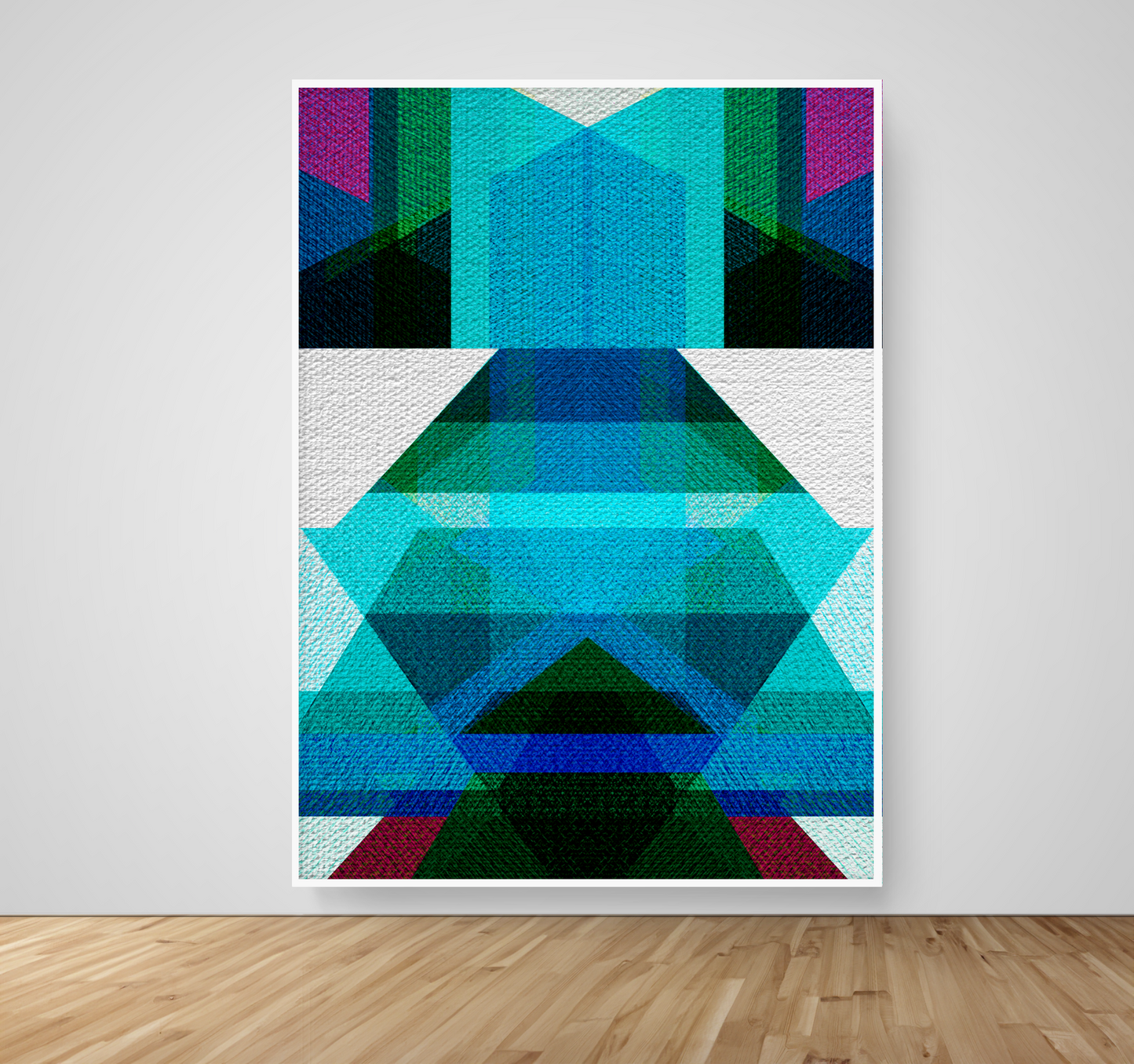 Abstract Art, Wall Art, Ready-To-Hang, Teal Kimono, Geometric Symmetry, Frame Size-53x72, Frame Color-White,Frame Style-Thin Floating Frame, VividWalls, Artwork